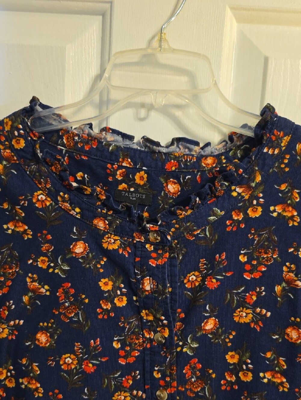 Talbots Navy Floral Corduroy Long Sleeve Blouse Tunic - Picture 3 of 7